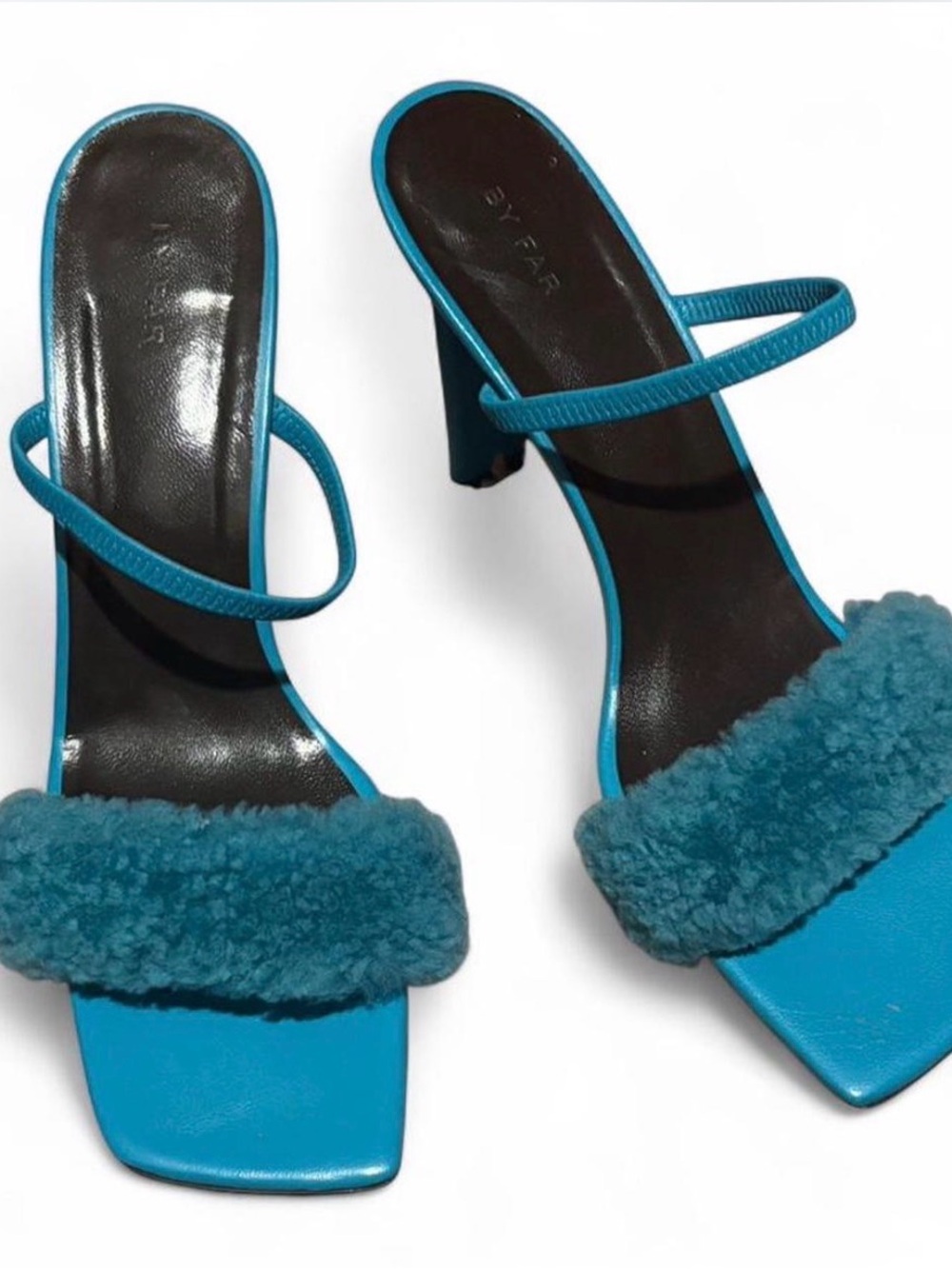 $468 By Far Ada Azur Shearling Strap Heeled Sandals - Women Sz 10